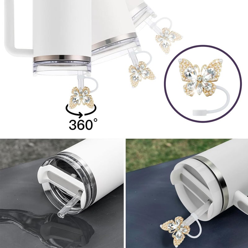 SEMATA 2PCS Cute Butterfly Straw Cover Cap for Stanley Cup Accessories,Bling Crystals Straw Toppers for Stanley Tumbler 40&30 oz,Rhinestone Reusable Straws Tips Protectors Compatible with 10mm Straws - Image 3